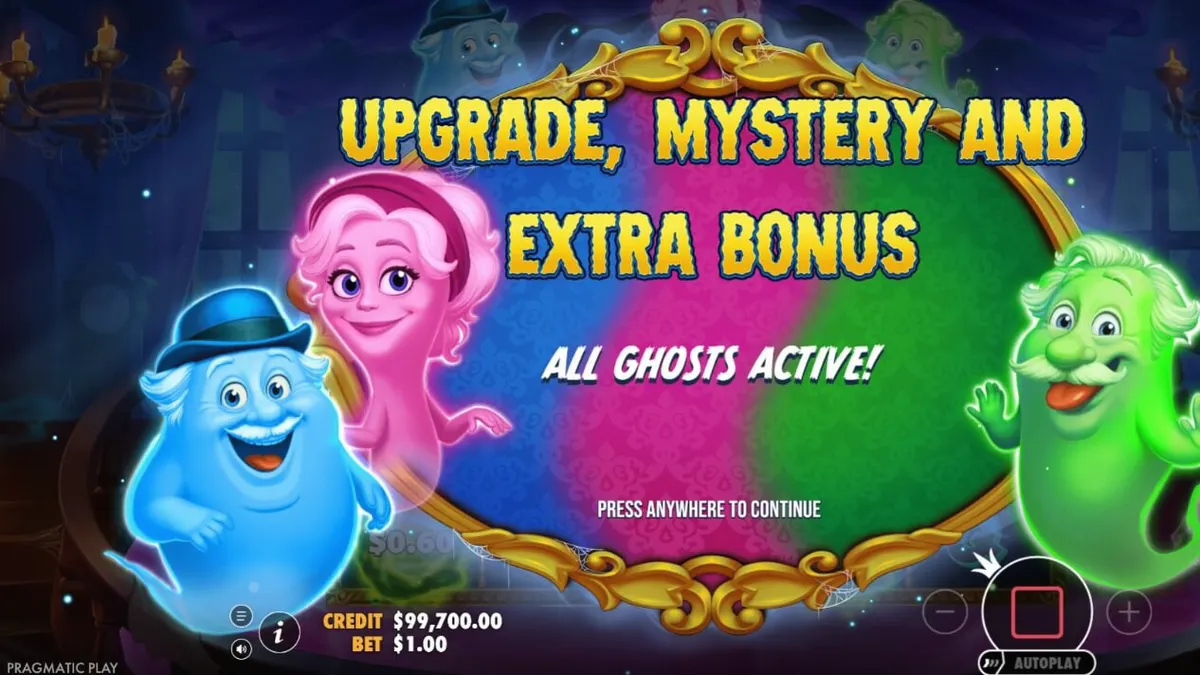 Tampilan visual slot Great Ghosts dengan tema rumah hantu kartun