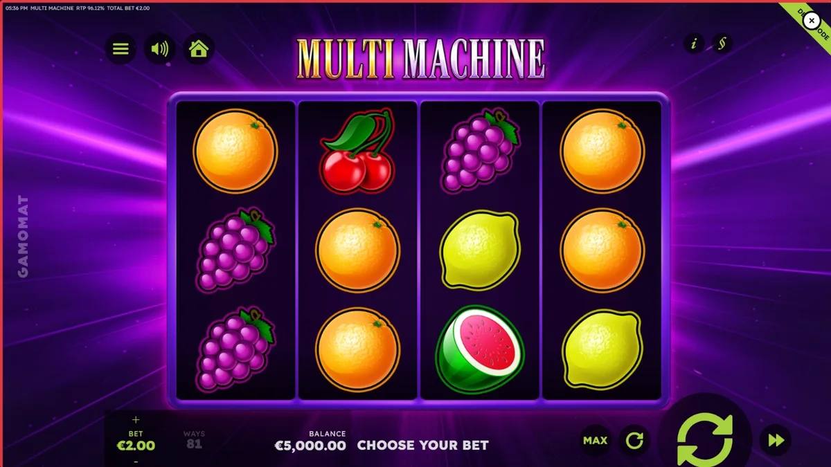 Tampilan visual slot Multi Machine dengan simbol buah klasik dan aksen violet